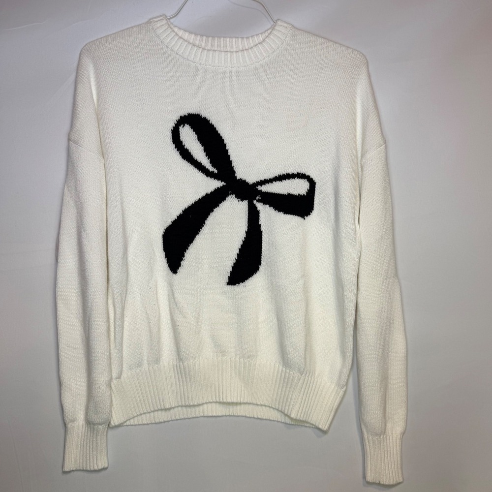 Aeropostale Womens White Bow Graphic Crewneck Knit Sweater Ivory Small